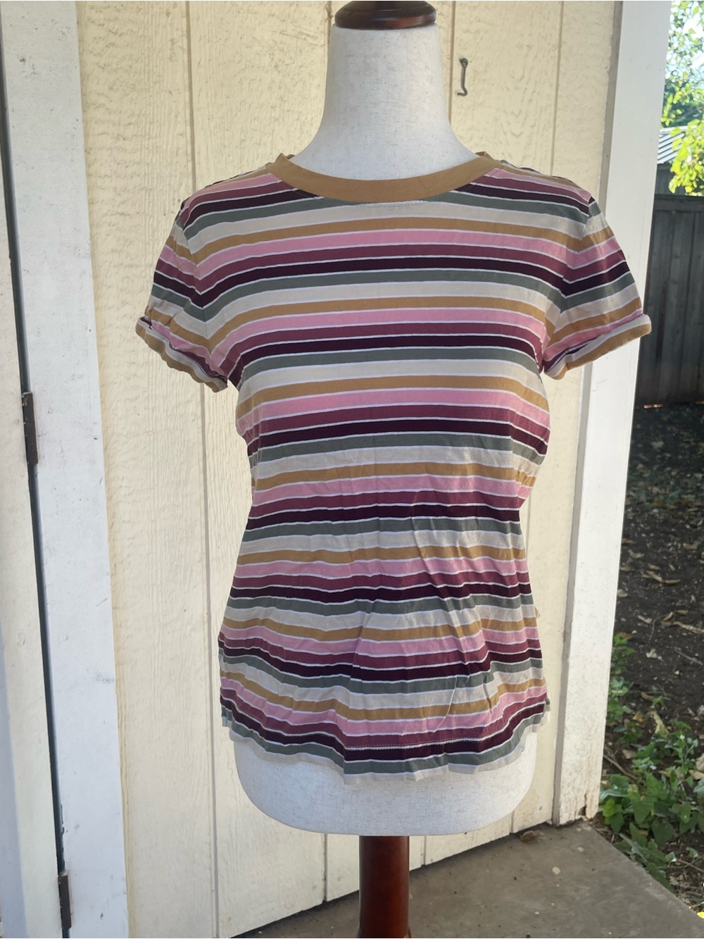 LOFT Striped Short Sleeve Tee in Pink, Mustard, Black and Cream